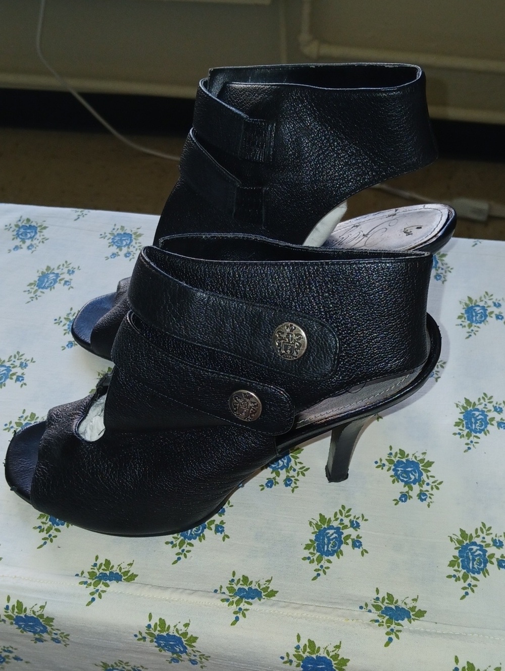 Women's Black Peep-Toe Ankle-Strap Heels with Decorative Buttons